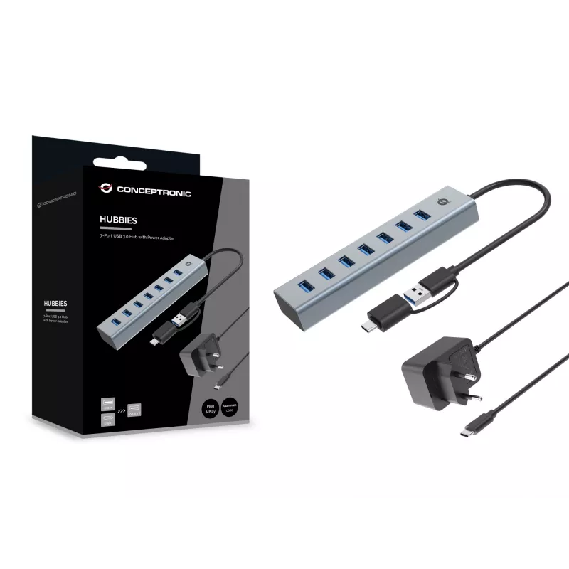Conceptronic HUBBIES21GP 7-Port USB 3.0 Hub mit Netzteil, 5 Gbit/s, USB-A x 7