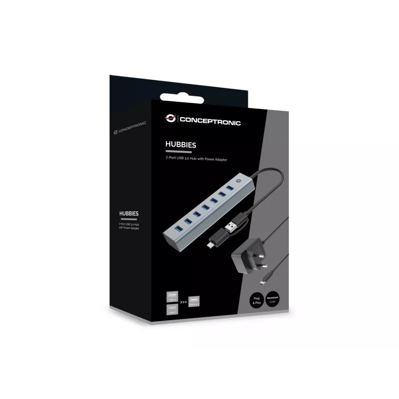 Conceptronic HUBBIES21GP 7-Port USB 3.0 Hub mit Netzteil, 5 Gbit/s, USB-A x 7