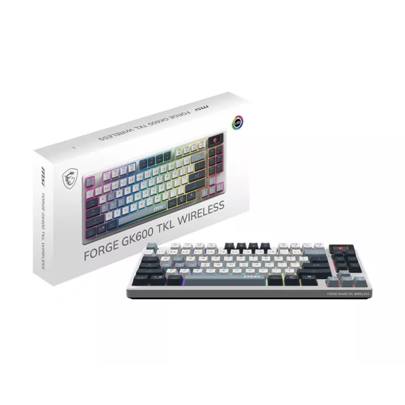 Tastatur MSI FORGE GK600 TKL WIRELESS SKY — Tenkeyless mechanisch, USB + Bluetooth, QWERTY UK Englisch, RGB, Blau/Weiß