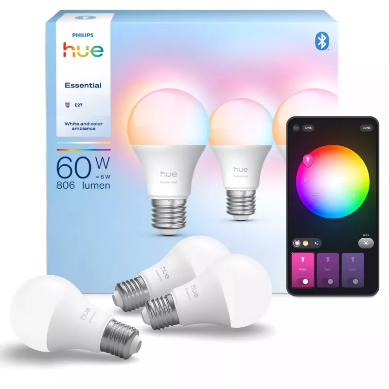 Philips Hue White and colour ambience Essential A60 – E27 smarte Lampe – 806 lm – 8W – 3er-Pack