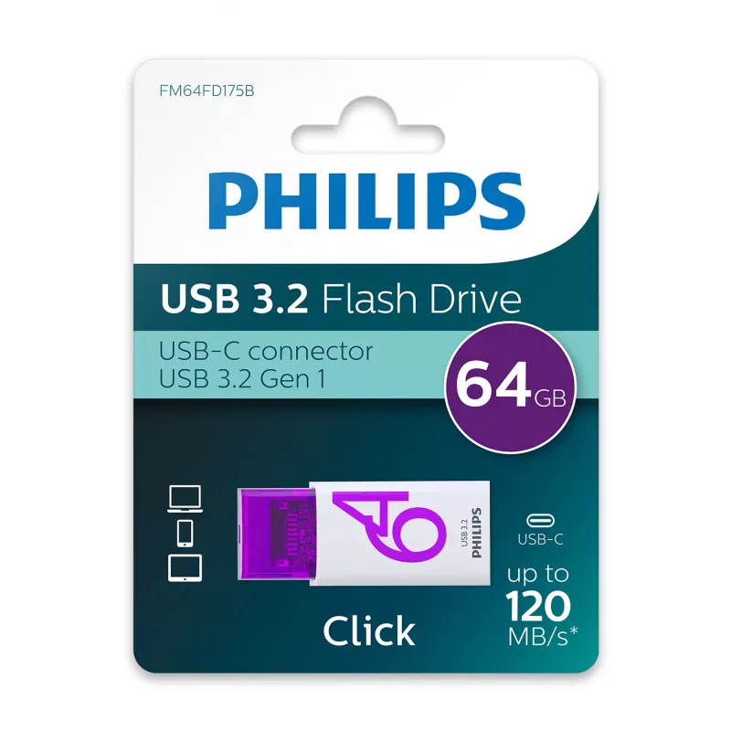 Philips Click USB-Flash-Laufwerk 64 GB USB Type-C 3.2 Gen 1 (3.1 Gen 1) Violett, Weiß