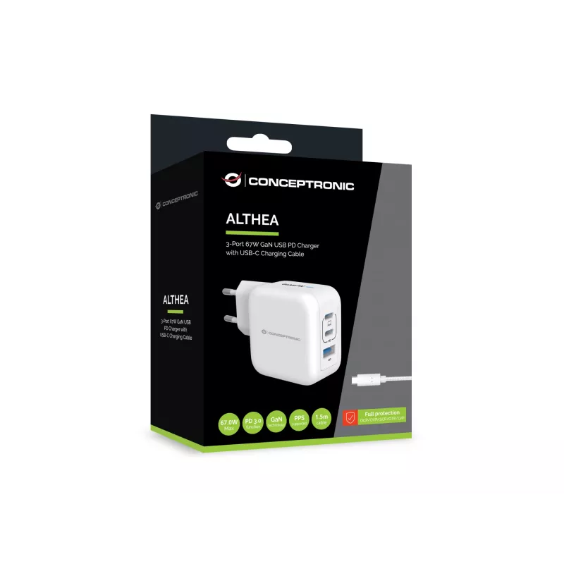 Conceptronic 3-Port 67W GaN USB PD Ladegerät mit USB-C Ladekabel, USB-C x 2, USB-A x 1, QC 3.0, PPS