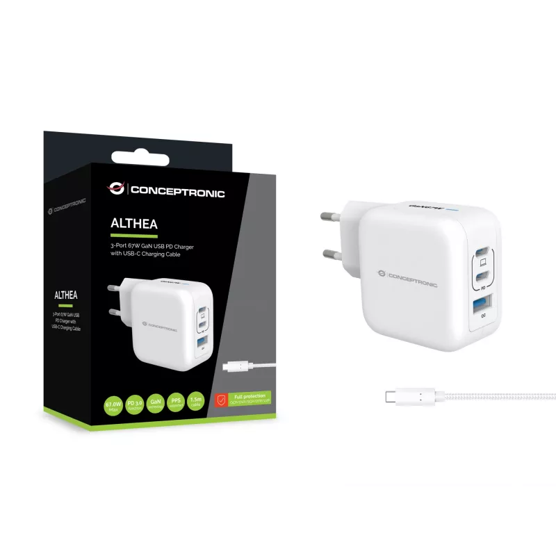 Conceptronic 3-Port 67W GaN USB PD Ladegerät mit USB-C Ladekabel, USB-C x 2, USB-A x 1, QC 3.0, PPS