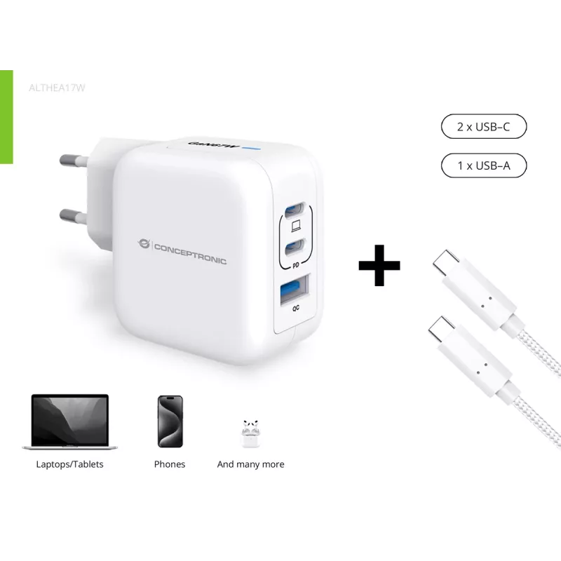 Conceptronic 3-Port 67W GaN USB PD Ladegerät mit USB-C Ladekabel, USB-C x 2, USB-A x 1, QC 3.0, PPS