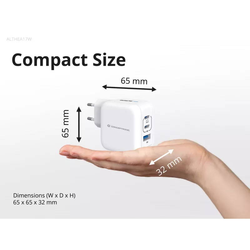 Conceptronic 3-Port 67W GaN USB PD Ladegerät mit USB-C Ladekabel, USB-C x 2, USB-A x 1, QC 3.0, PPS