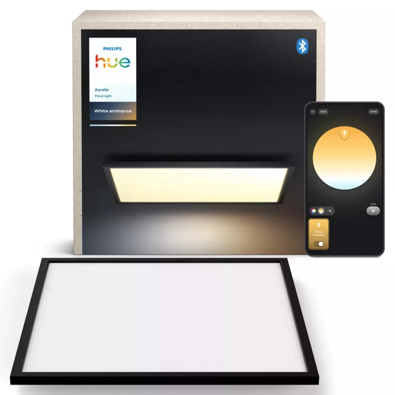 Smarte Deckenleuchte Philips Hue Aurelle Square Panel 600×600 mm, Bluetooth, 220–240V, 48 mm Tiefe, schwarz/weiß