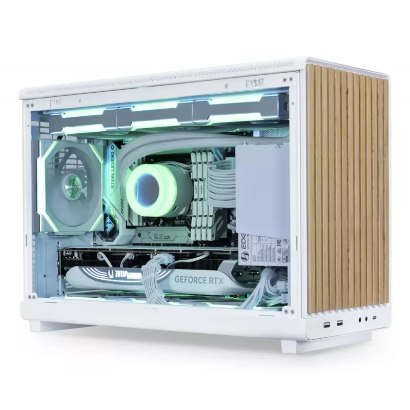 PC-Gehäuse Lian Li A3-mATX Micro Tower — Weiß mit Holz, unterstützt ATX/SFX/SFX-L-Netzteile, Micro-ATX/Micro-ITX, 1x 3,5 Zoll + 2x 2,5 Zoll