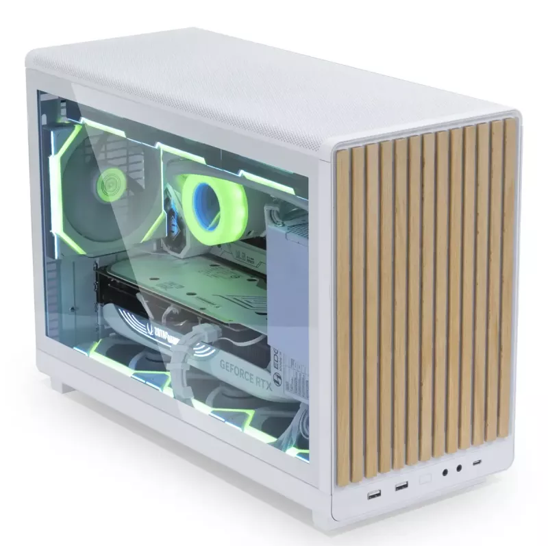 PC-Gehäuse Lian Li A3-mATX Micro Tower — Weiß mit Holz, unterstützt ATX/SFX/SFX-L-Netzteile, Micro-ATX/Micro-ITX, 1x 3,5 Zoll + 2x 2,5 Zoll