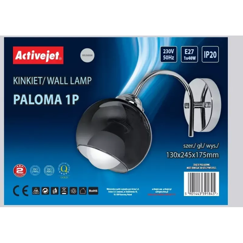Wandleuchte ActiveJet AJE-PALOMA 1P — einflammige E27-Wandleuchte, 1×40 W, silber mit schwarzem Glas
