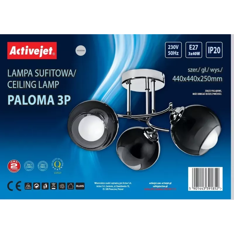 Pendelleuchte ActiveJet AJE-PALOMA 3P E27, 3×40W, Deckenmontage, silber, IP20, 440×250 mm
