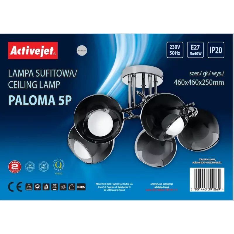 Pendelleuchte ActiveJet AJE-PALOMA 5P, 5×E27 40W, silberner Rahmen, schwarzes Glas, IP20, 460×250×460 mm