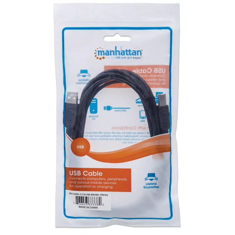 Manhattan USB-A-auf-USB-B-Kabel, 3 m, Stecker auf Stecker, 480 Mbit/s (USB 2.0), Hi-Speed USB, Schwarz, lebenslange Garantie, entspricht USB2HAB3M.