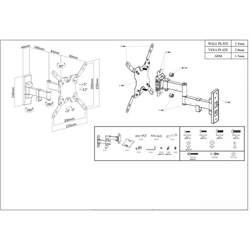 Manhattan Wandhalterung für Fernseher & Monitore (Full-Motion), Für Bildschirme 13 Zoll bis 42 Zoll, VESA-Kompatibilität: alle zwischen 75x75 mm und 200x200 mm – überprüfen Sie die Abmessungen der vier Befestigungslöcher auf der Rückseite des Bildschirms, um die Passform sicherzustellen, Max. 20 kg, Schwarz, Halterung