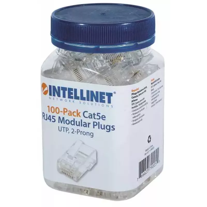 Intellinet RJ45 Modularstecker, Cat5e, UTP, 2-polig, für Litzenkabel, 15 µ vergoldete Kontakte, 100er-Pack