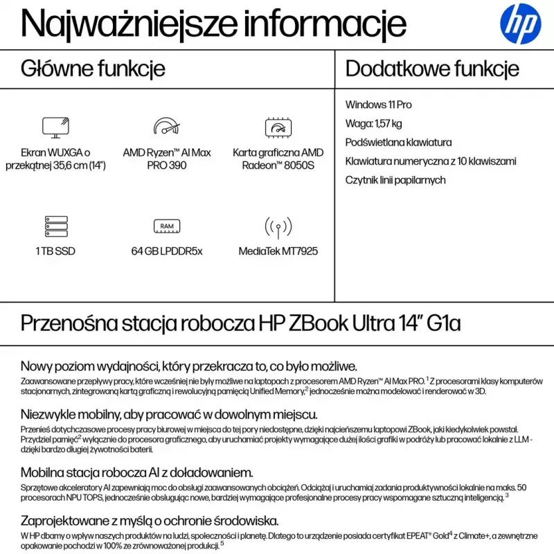 Mobile Workstation HP ZBook Ultra 14 G1a — 14,0 Zoll WUXGA IPS 400 nits, AMD Ryzen AI Max PRO 390, 64GB LPDDR5x-8533, 1TB SSD, Radeon 8050S