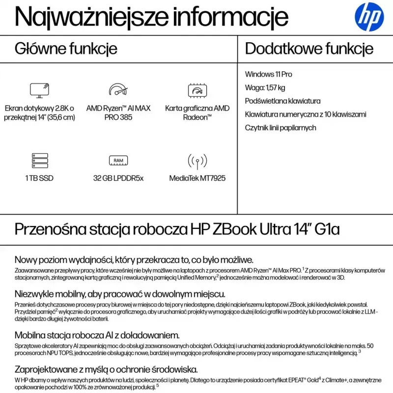 Mobile Workstation HP ZBook Ultra 14 G1a Ryzen AI Max PRO 390 — 14,0 Zoll 2.8K Touch OLED, 32 GB LPDDR5x-8533, 1 TB SSD, Radeon 8050S