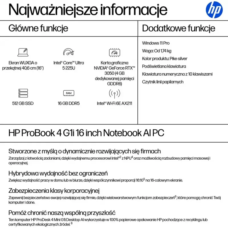 Laptop HP ProBook 4 G1i, 16 Zoll, 16 GB RAM, 512 GB SSD, Windows 11 Pro, QWERTY US