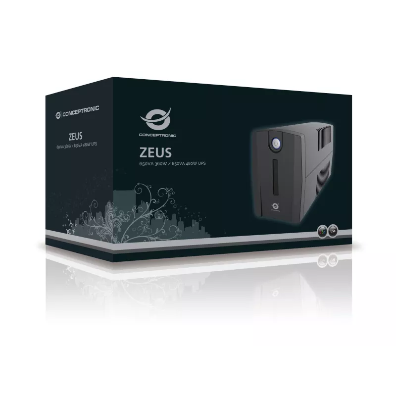 Conceptronic ZEUS 650VA 360W USV, Schuko-Steckdose, Line-Interactive, 0,65 kVA, 360 W, 220 V, 240 V, 220 V