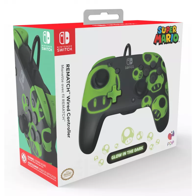 Gamepad PDP REMATCH Wired Controller 1-Up Glow in the Dark für Nintendo Switch, USB, 3m Kabel, D-pad, Home-Taste, Schwarz/Grün