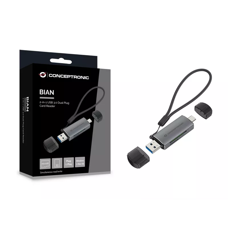 Conceptronic BIAN05G 2-in-1 USB 3.0 Dual Plug Kartenleser, SD/MicroSD 3.0, UHS-I