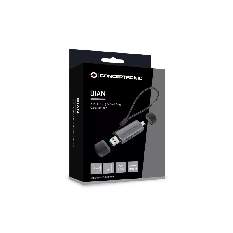 Conceptronic BIAN05G 2-in-1 USB 3.0 Dual Plug Kartenleser, SD/MicroSD 3.0, UHS-I