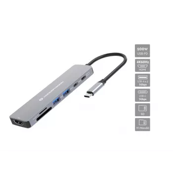 Conceptronic DONN28G 7-in-1 USB 3.2 Gen 1 Dockingstation, 4K60Hz HDMI, USB-A 5Gbps x 2, USB-C 5Gbps, SD, TF/MicroSD, 100W USB PD