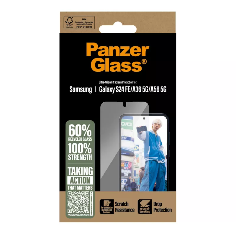 Gehärtetes PanzerGlass-Displayschutzglas für Samsung Galaxy S24 FE / A36 / A56 — Vollflächiger Schutz, kratz- und stoßfest