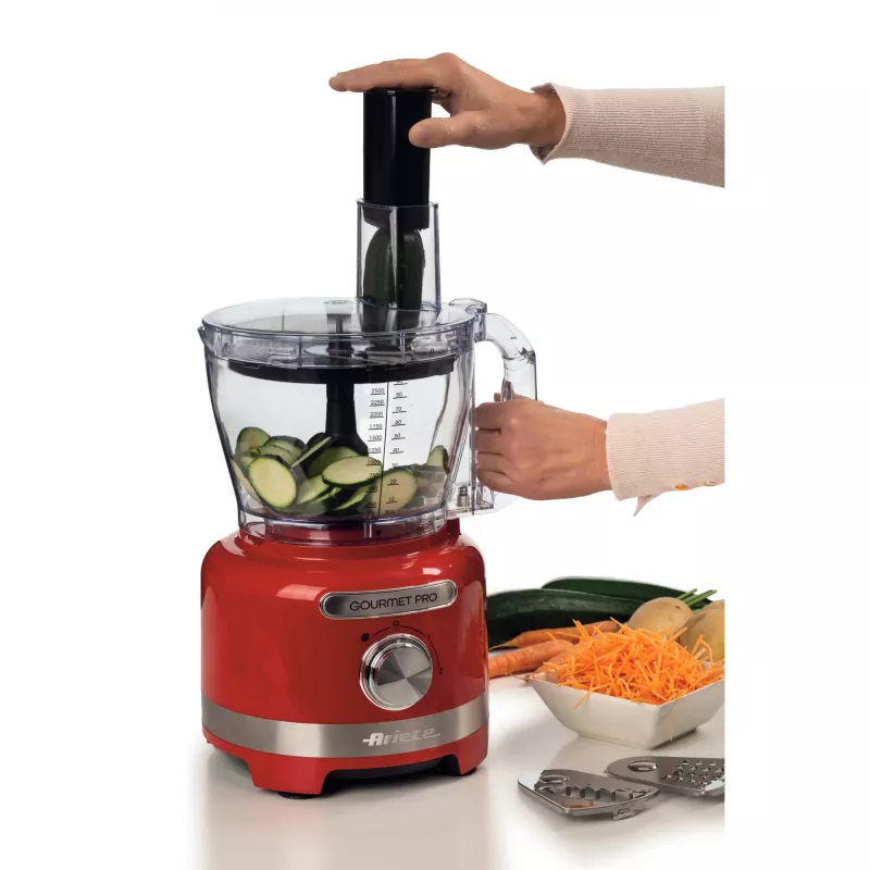 Ariete 1782 Gourmet Pro Moderna Küchenmaschine, 3L Multi-Mill, 2L Mixer, 2 Geschwindigkeiten + Pulse, Klingenset + Edelstahlscheibe, Entsafter-Aufsatz, Rot