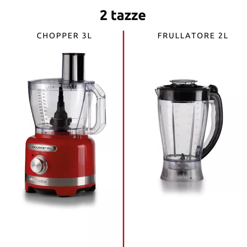 Ariete 1782 Gourmet Pro Moderna Küchenmaschine, 3L Multi-Mill, 2L Mixer, 2 Geschwindigkeiten + Pulse, Klingenset + Edelstahlscheibe, Entsafter-Aufsatz, Rot