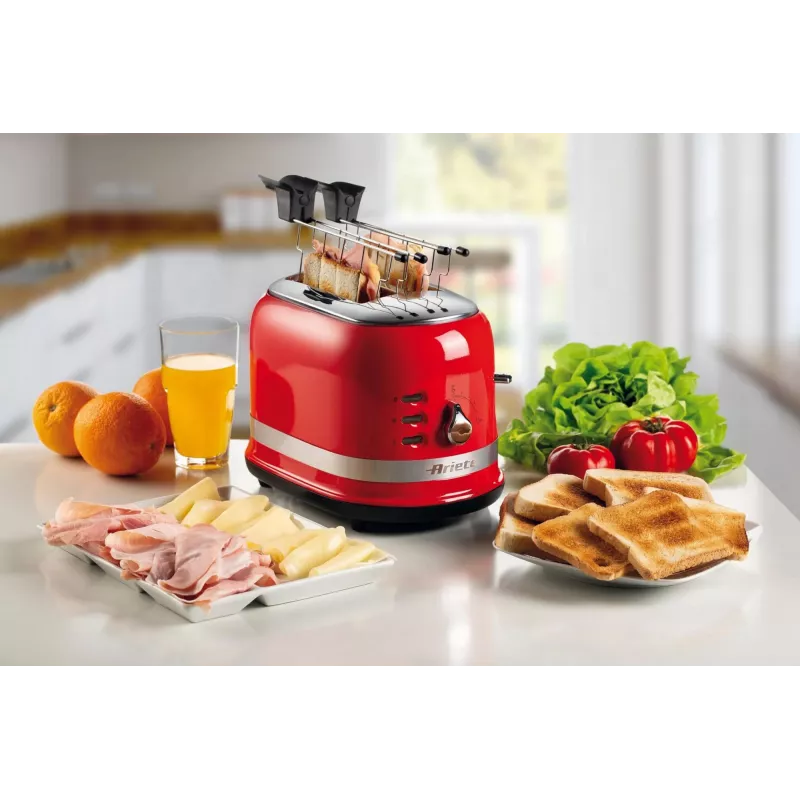 Ariete 149 Toaster mit Zange für 2 Brotscheiben - Automatischer Auswurf - Auftauen - 6 Bräunungsstufen - 800 Watt - Modern Line - Rot