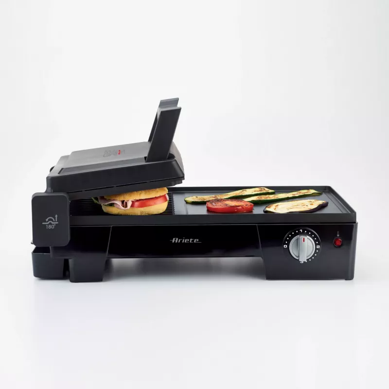 Ariete 1916 Multi Grill 3 in 1 - Elektrogrill, Barbecue, glatte und geriffelte Platte - 180° Öffnung - Verstellbarer Thermostat - 2400 Watt - Schwarz