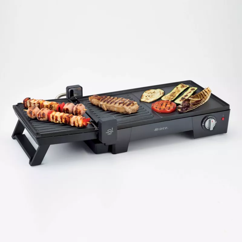 Ariete 1916 Multi Grill 3 in 1 - Elektrogrill, Barbecue, glatte und geriffelte Platte - 180° Öffnung - Verstellbarer Thermostat - 2400 Watt - Schwarz