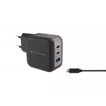 Conceptronic 3-Port 67W GaN USB PD Ladegerät mit USB-C Ladekabel, USB-C x 2, USB-A x 1, QC 3.0, PPS