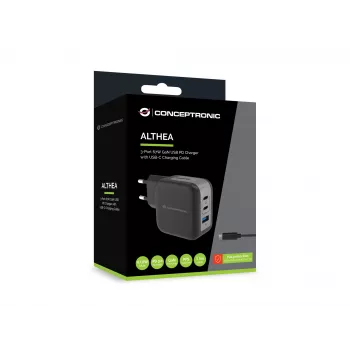 Conceptronic 3-Port 67W GaN USB PD Ladegerät mit USB-C Ladekabel, USB-C x 2, USB-A x 1, QC 3.0, PPS