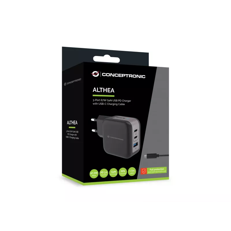 Conceptronic 3-Port 67W GaN USB PD Ladegerät mit USB-C Ladekabel, USB-C x 2, USB-A x 1, QC 3.0, PPS