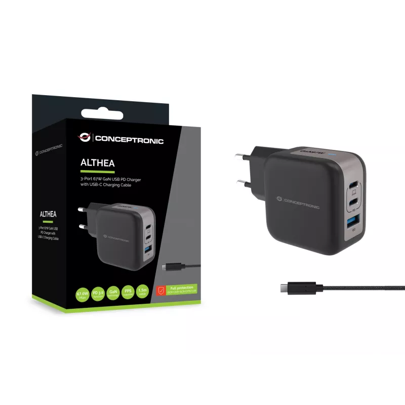 Conceptronic 3-Port 67W GaN USB PD Ladegerät mit USB-C Ladekabel, USB-C x 2, USB-A x 1, QC 3.0, PPS