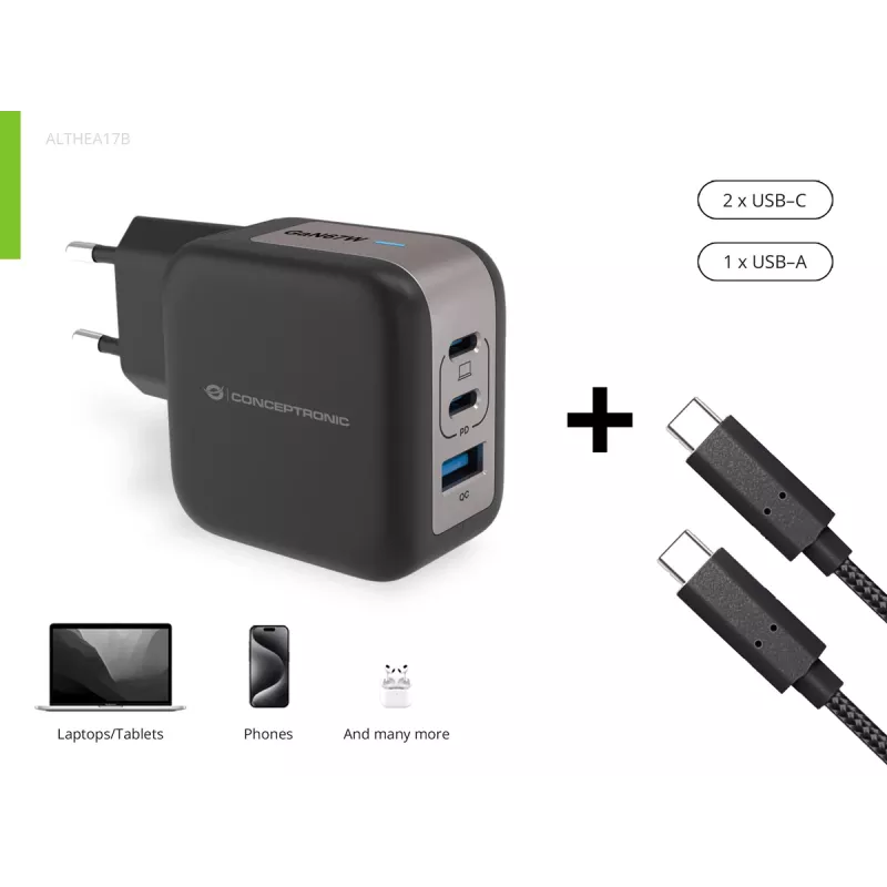 Conceptronic 3-Port 67W GaN USB PD Ladegerät mit USB-C Ladekabel, USB-C x 2, USB-A x 1, QC 3.0, PPS