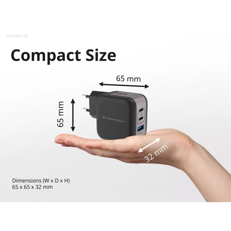Conceptronic 3-Port 67W GaN USB PD Ladegerät mit USB-C Ladekabel, USB-C x 2, USB-A x 1, QC 3.0, PPS