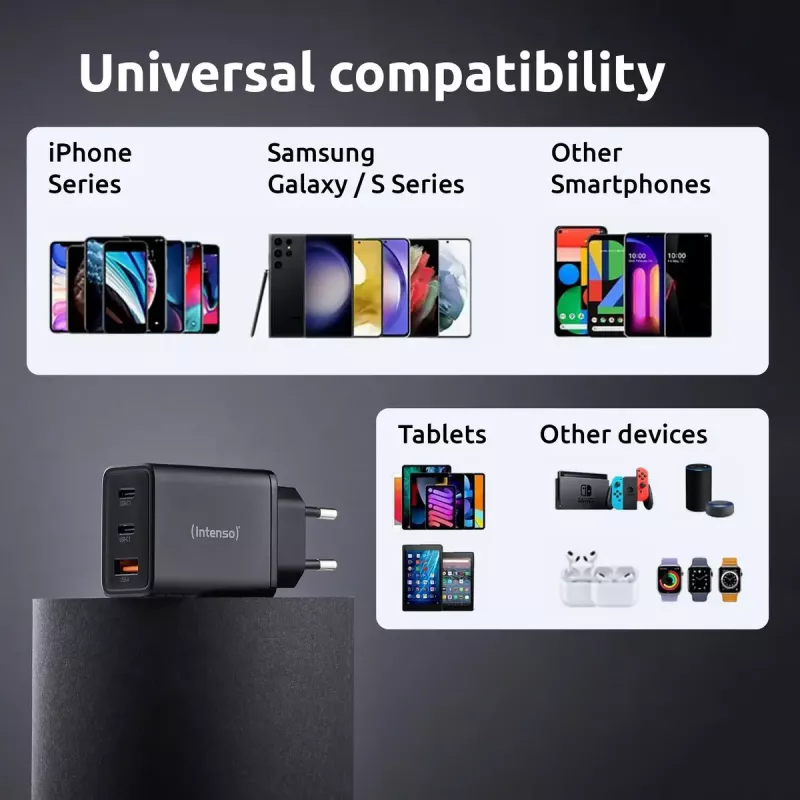 Netzteil Intenso W65ACC USB-A- und USB-C-Anschlüsse schwarz