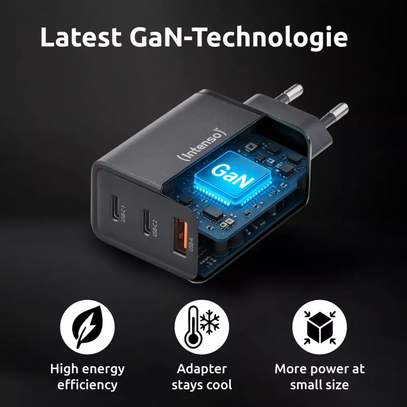 Netzteil Intenso W65ACC USB-A- und USB-C-Anschlüsse schwarz