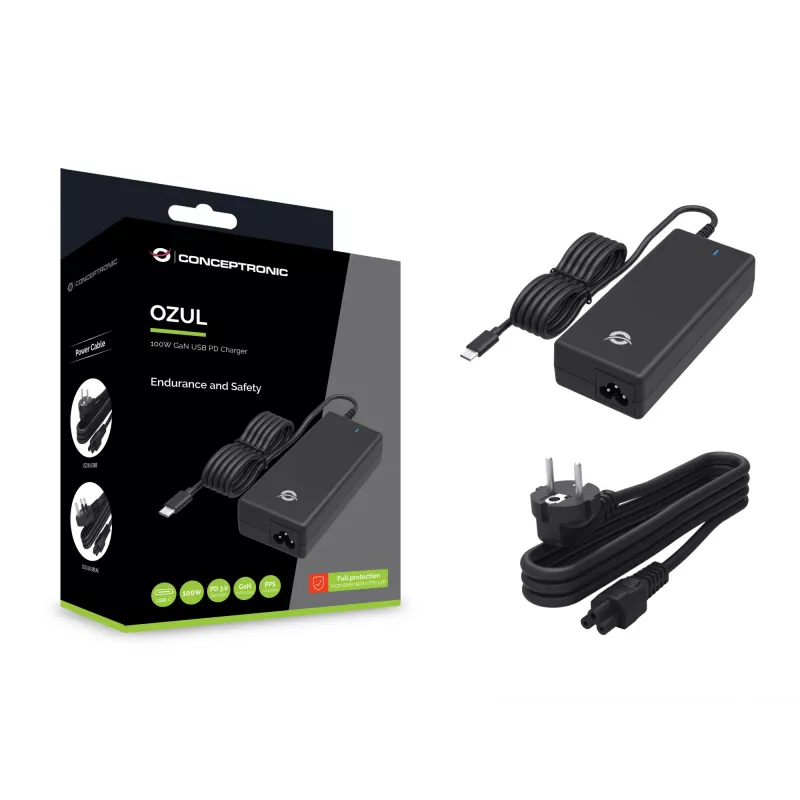 Conceptronic OZUL03BE 100W GaN Desktop-USB-PD-Ladegerät, Universell, Innenbereich, 100–240 V, 50–60 Hz, 100 W, 5–20 V