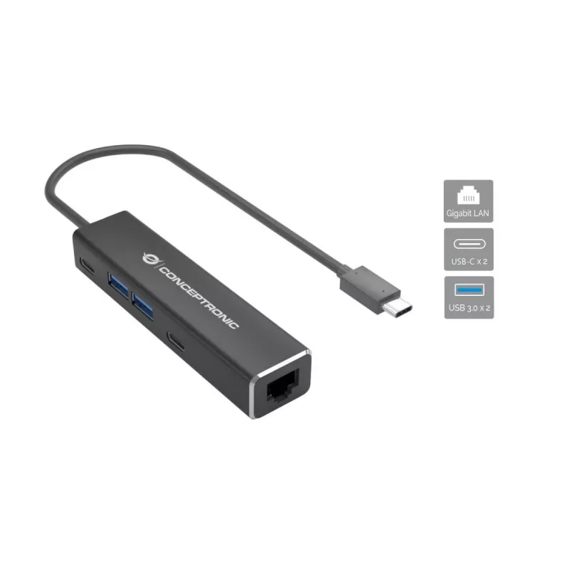Conceptronic ABBY13B Gigabit Ethernet USB 3.2 Gen 1 Adapter mit USB-Hub, GbE, USB-A x 2, USB-C x 2