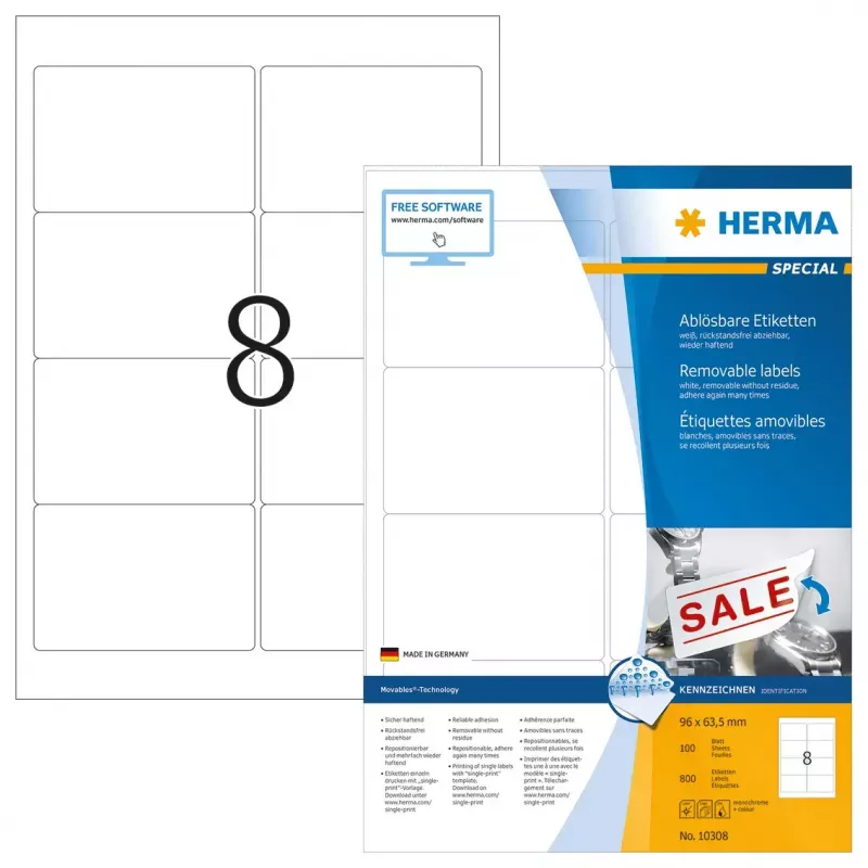Wiederablösbare Etiketten HERMA 10308 A4 96x63,5 mm weiß