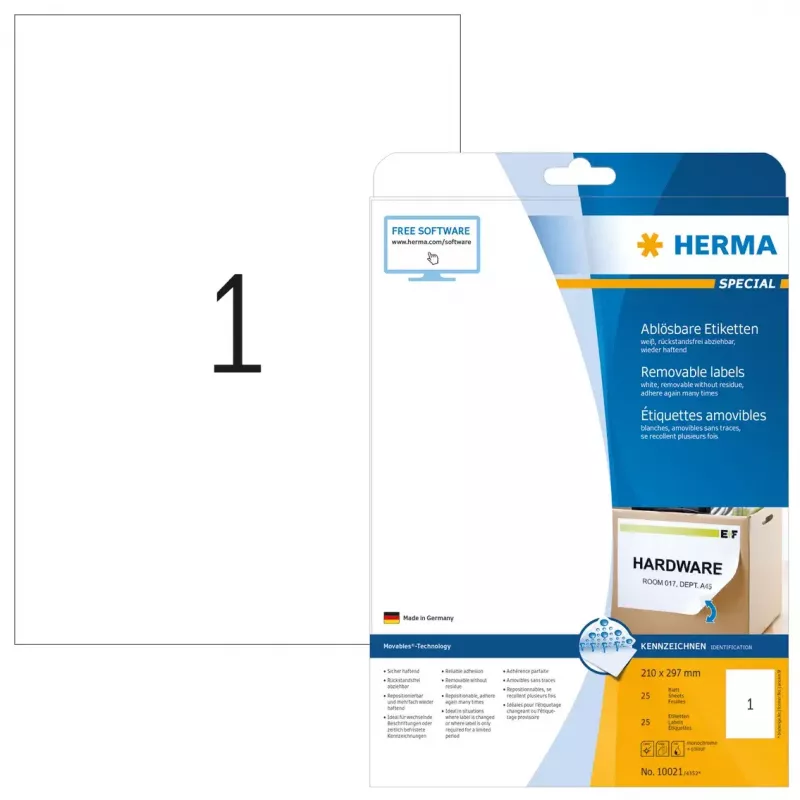 Selbstklebendes Druckeretikett HERMA Wiederablösbare Etiketten A4 210x297 mm weiß Movables