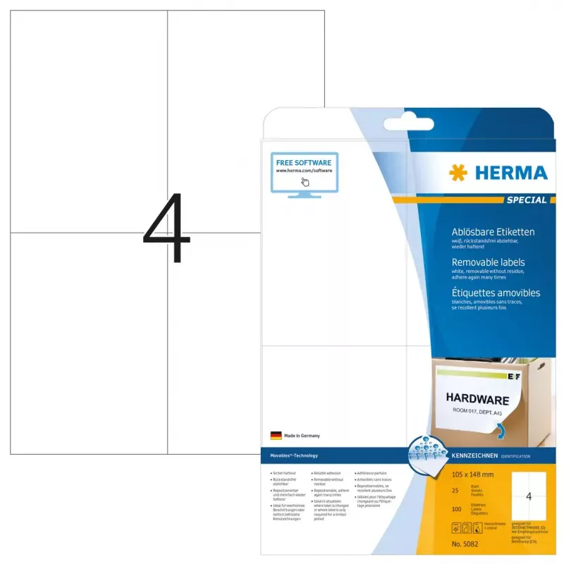 Wiederablösbare Etiketten HERMA 5082 A4 105x148 mm weiß