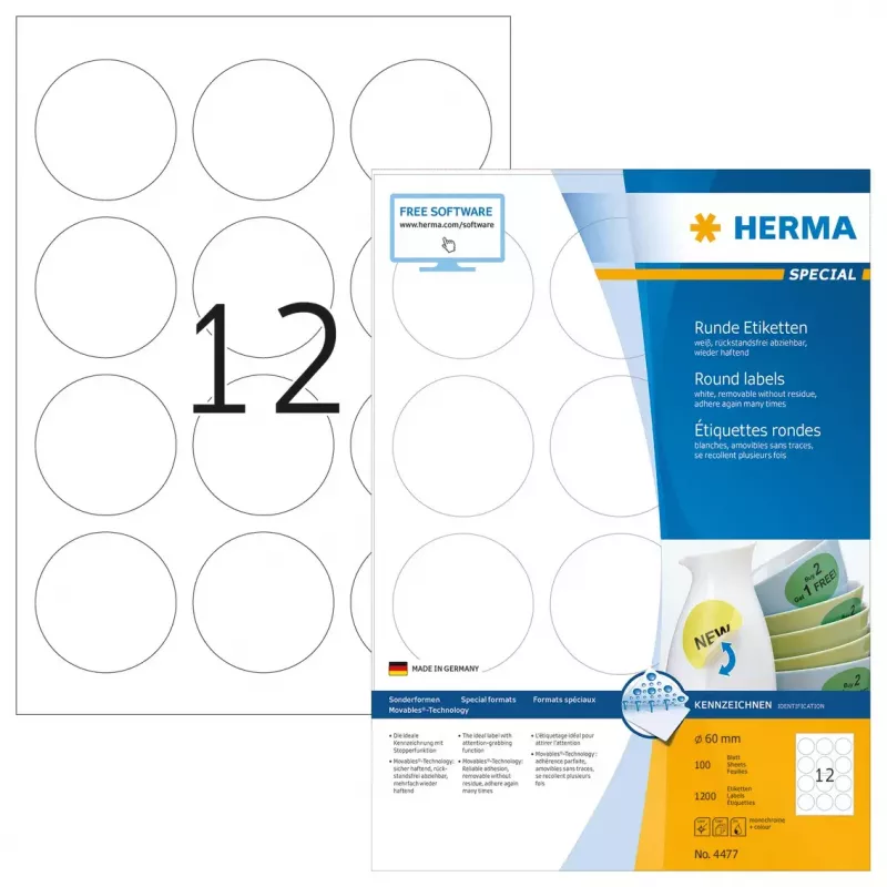 Selbstklebendes Druckeretikett HERMA Wiederablösbare Etiketten A4 Ø 60 mm