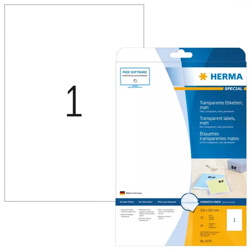 Selbstklebendes Etikett HERMA Etiketten transparent matt A4 210x297 mm Folie