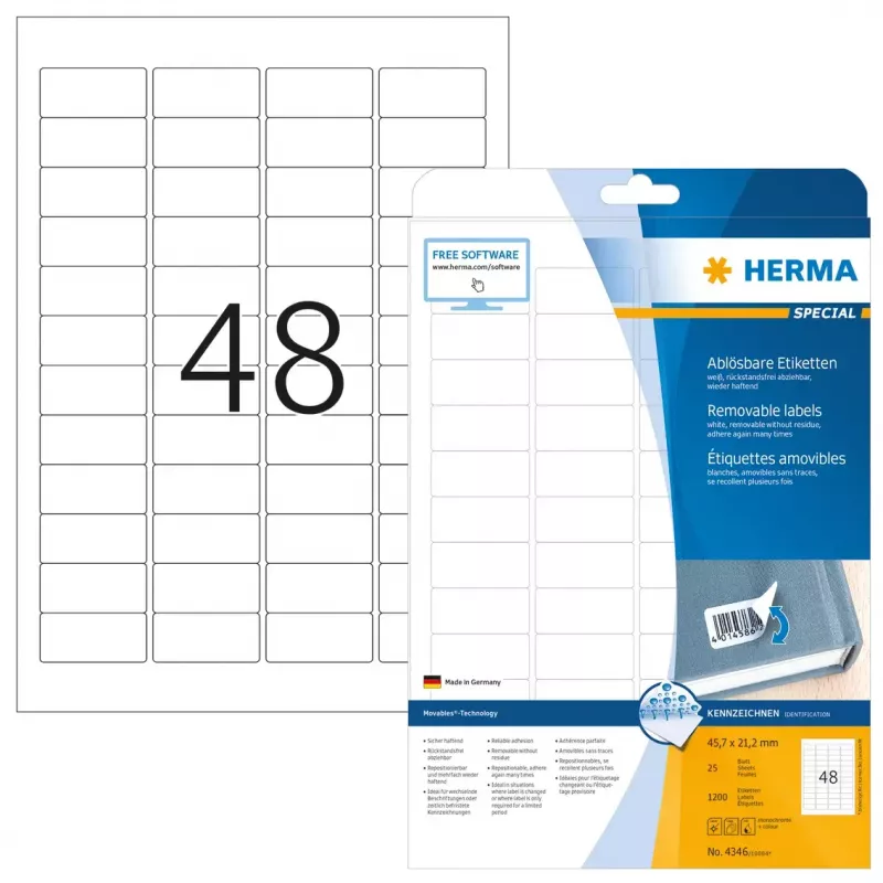 Selbstklebende Druckeretiketten HERMA Wiederablösbare Etiketten A4 45,7x21,2 mm