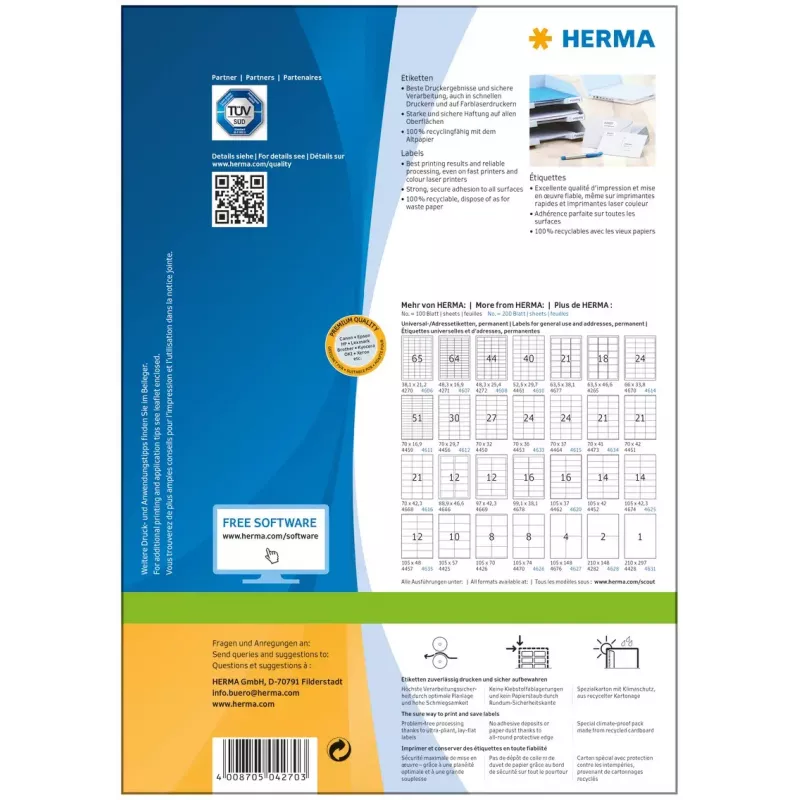 Selbstklebende Druckeretiketten HERMA Labels Premium A4 38,1x21,2 mm