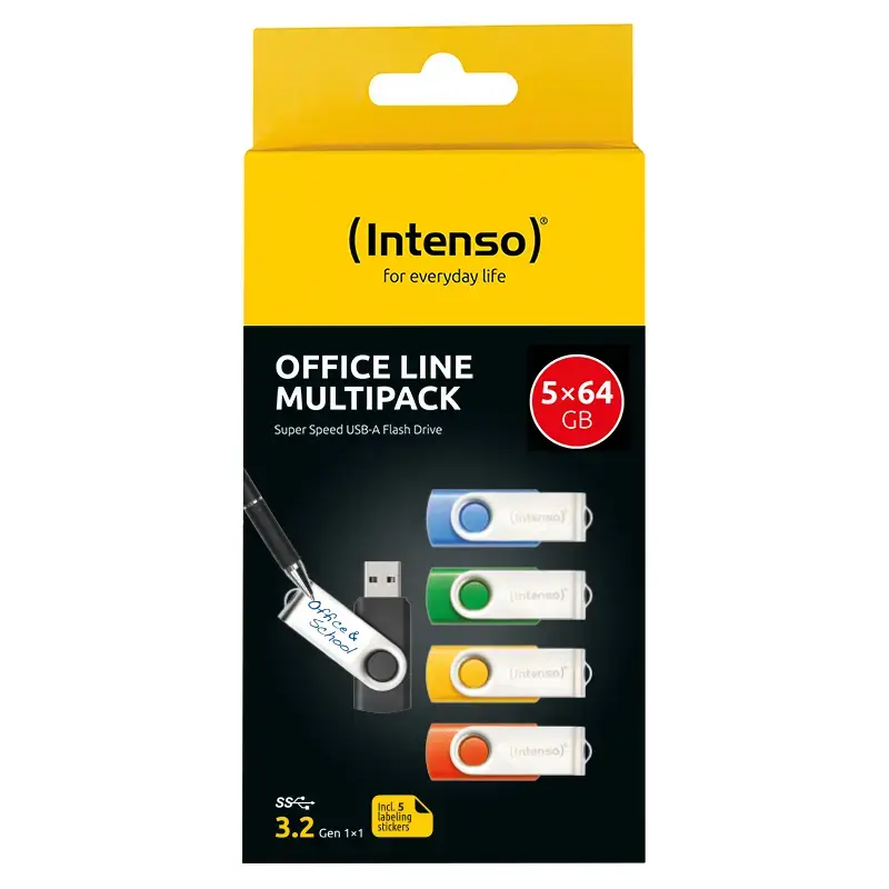 INTENSO Office Line USB-Stick-Multipack 5×64 GB, USB-A, USB 3.2 Gen 1, Swivel, mehrfarbig